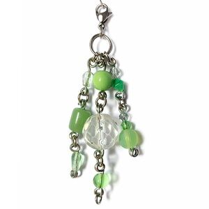 Green Glass Beaded Charm Keychain Zipper Pull Bag Charm Stainless Steel OOAK